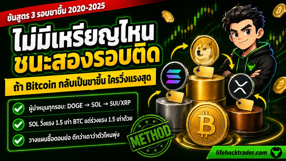 อินโฟกราฟิกไม่มีเหรียญไหนชนะสองรอบติด ผู้นำรอบขาขึ้นคริปโตหมุนจาก DOGE ไป SOL ไป SUI และ XRP ส่วน SOL วิ่งแรง 1.5 เท่าของบิทคอยน์แต่ร่วงแรงเท่ากัน