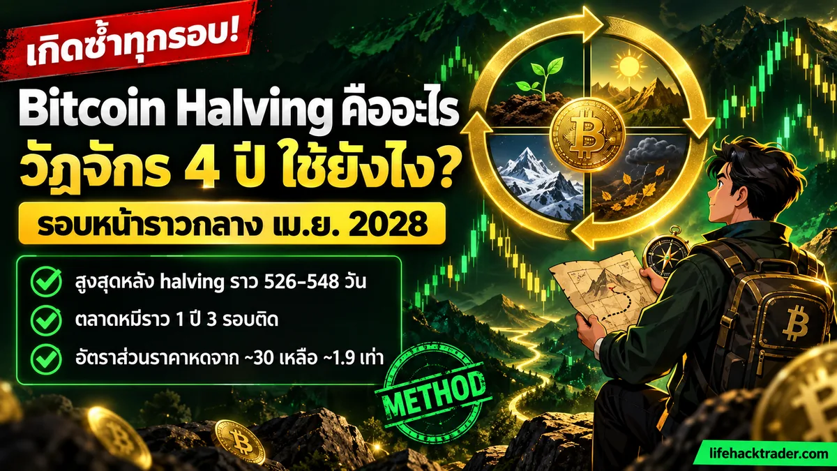 อินโฟกราฟิกอธิบายว่า Bitcoin halving คืออะไร รางวัลบล็อกลดครึ่งหนึ่งทุก 210,000 บล็อก และแผนที่วัฏจักร 4 ปีที่เกิดซ้ำใน 3 จาก 3 รอบที่จบแล้ว
