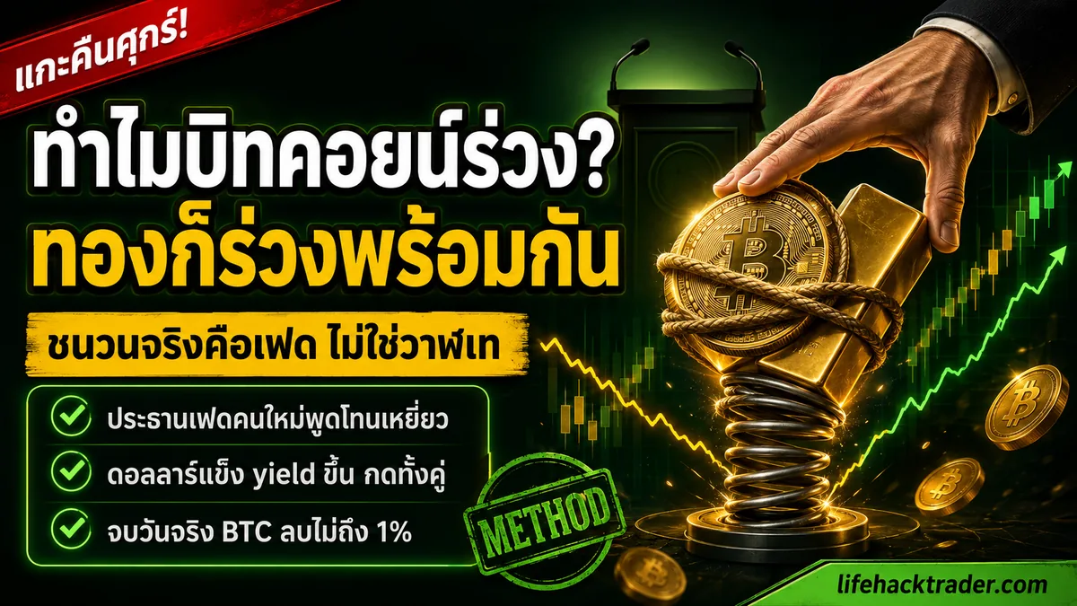 อินโฟกราฟิก: ทำไมบิทคอยน์กับทองร่วงพร้อมกันคืน 28 ส.ค. 2026 — ประธานเฟดคนใหม่พูดโทนเหยี่ยวที่ Jackson Hole ดอลลาร์แข็ง yield ขึ้น กดทั้งคู่ แต่จบวัน BTC ลบไม่ถึง 1%