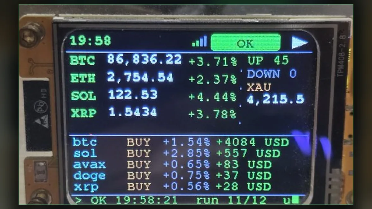 รูปถ่ายจริงจอ ESP32 Cheap Yellow Display บนโต๊ะ แสดงสถานะระบบเทรดที่ Claude Code เขียนให้ทั้งชุด รวมทุก job จาก 2 กระดานไว้จอเดียว