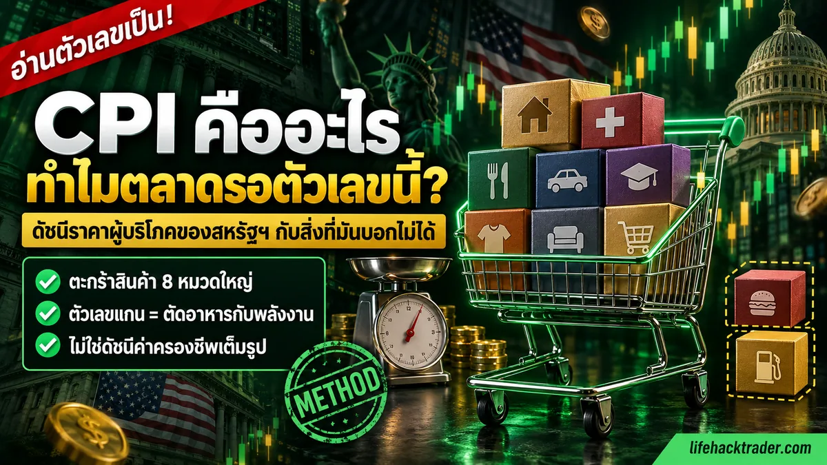 ภาพประกอบอธิบายว่า CPI คืออะไร ตะกร้าสินค้า 8 หมวดใหญ่ของดัชนีราคาผู้บริโภคสหรัฐฯ และหมวดอาหารกับพลังงานที่ถูกตัดออกในตัวเลขแกน