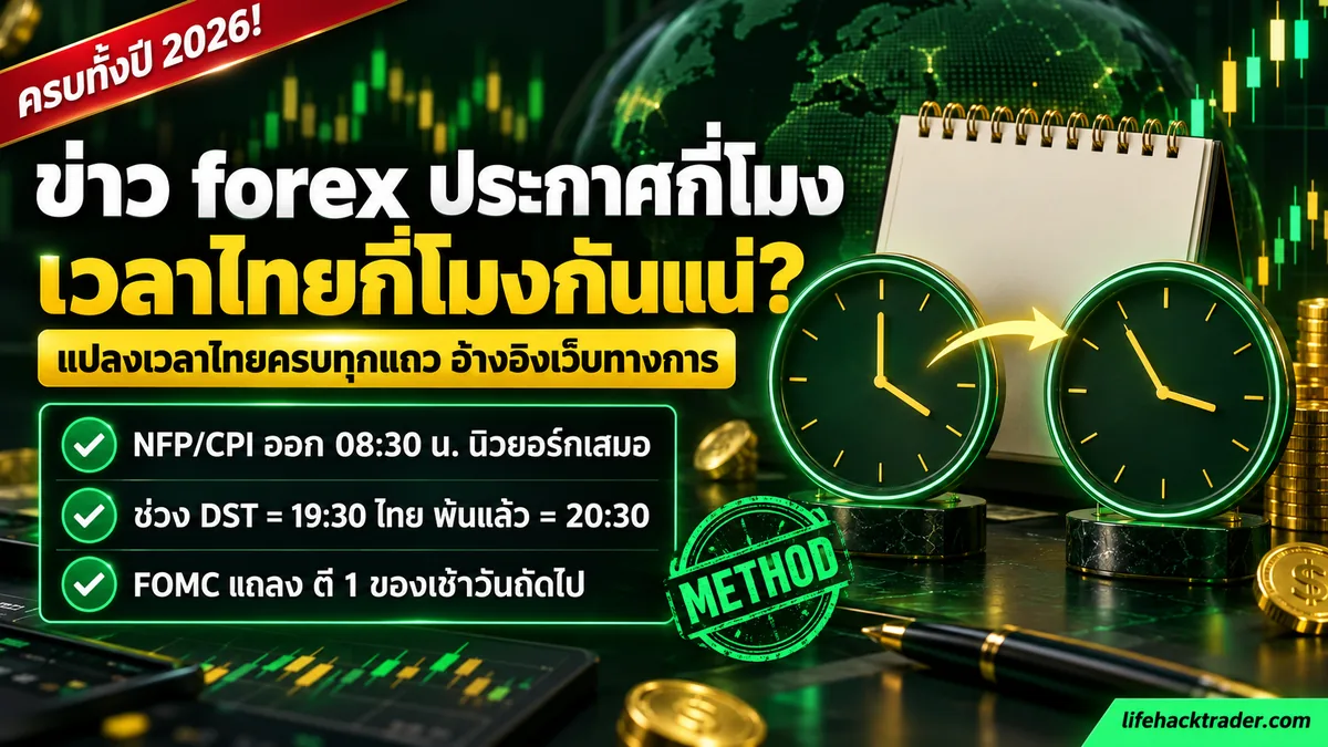 ภาพปกบทความปฏิทินข่าวเศรษฐกิจสหรัฐ 2026 เวลาไทย: นาฬิกาสองเรือนชี้เวลาต่างกันตามช่วง DST พร้อมสรุปว่า NFP และ CPI ออก 08:30 น. นิวยอร์ก ตรงกับ 19:30 หรือ 20:30 น. ไทย ส่วน FOMC แถลงตี 1 ของเช้าวันถัดไป