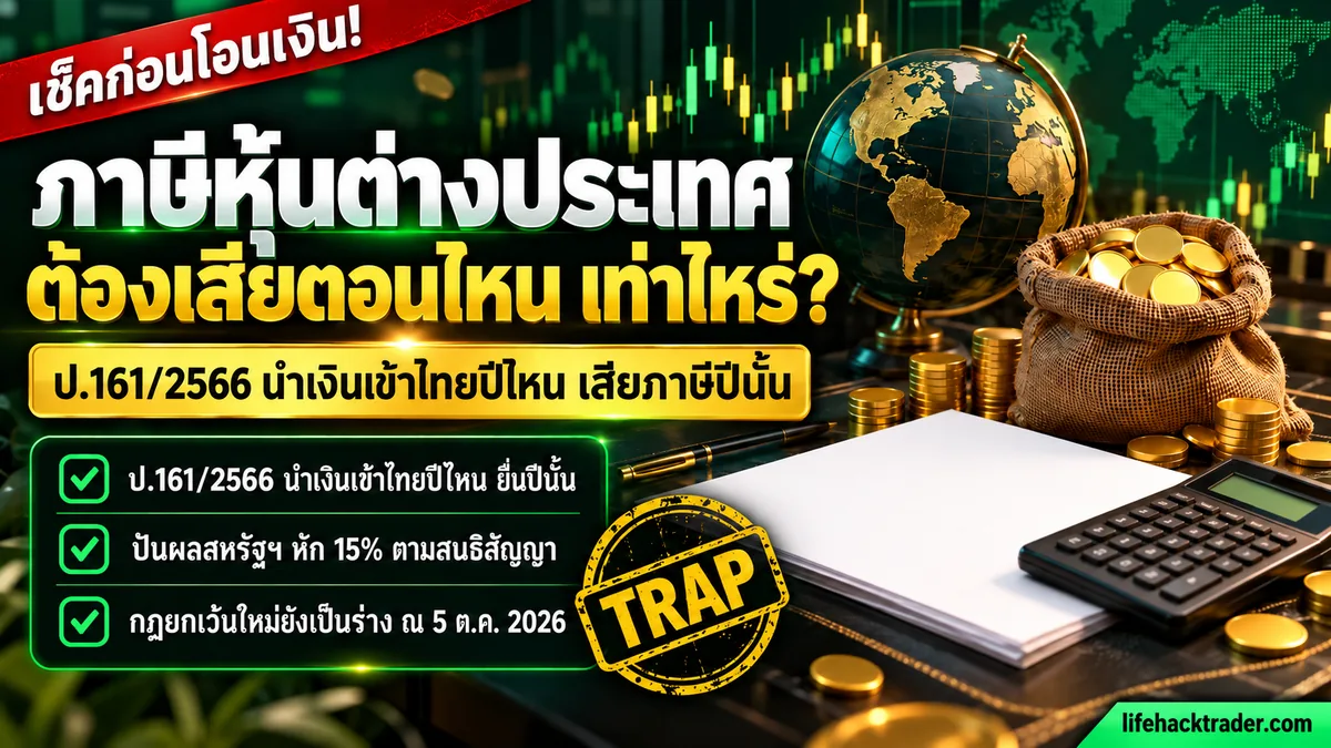 อินโฟกราฟิกภาษีหุ้นต่างประเทศ ป.161/2566 นำเงินเข้าไทยต้องเสียภาษีตอนไหน อัตราสูงสุด 35% ปันผลสหรัฐฯหัก 15% และร่างกฎยกเว้นที่ยังไม่มีผลบังคับใช้