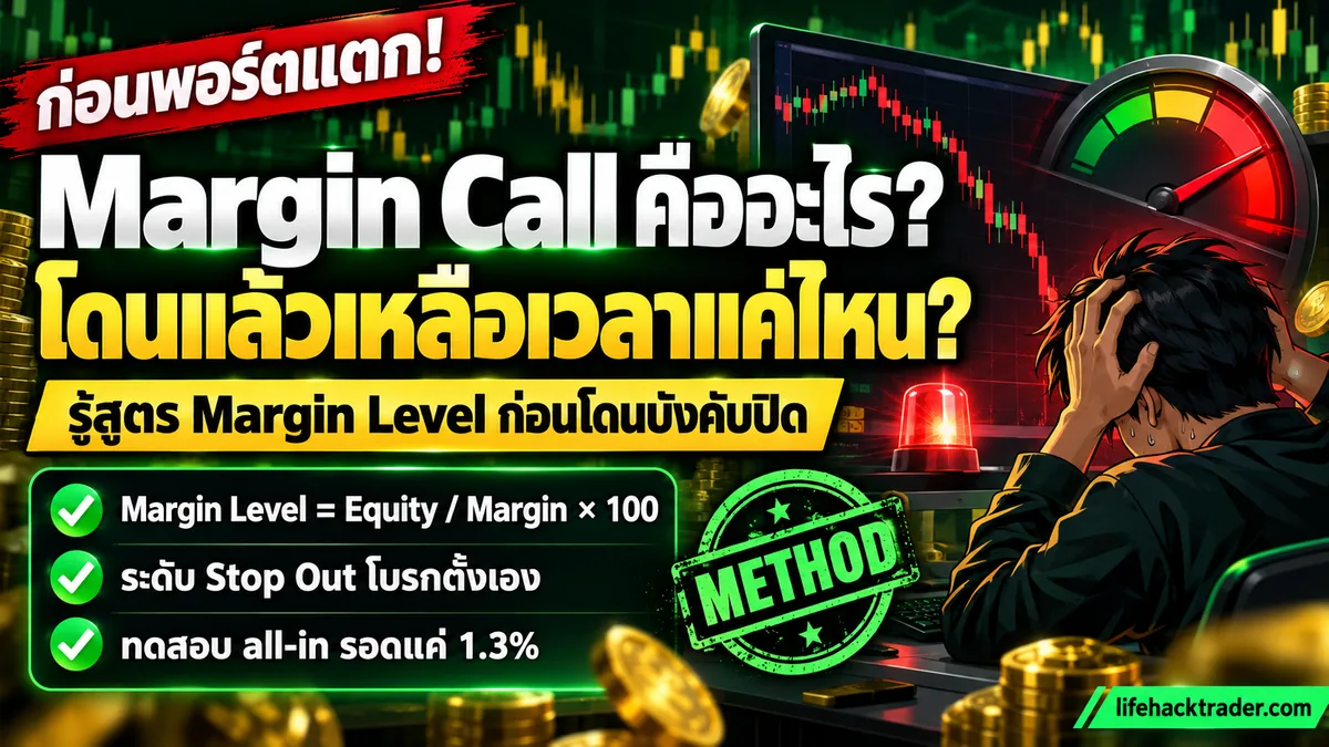 อินโฟกราฟิกอธิบายว่า margin call คืออะไร สูตร Margin Level เท่ากับ Equity หาร Margin คูณ 100 และระดับ Stop Out ที่ผู้ให้บริการตั้งเอง