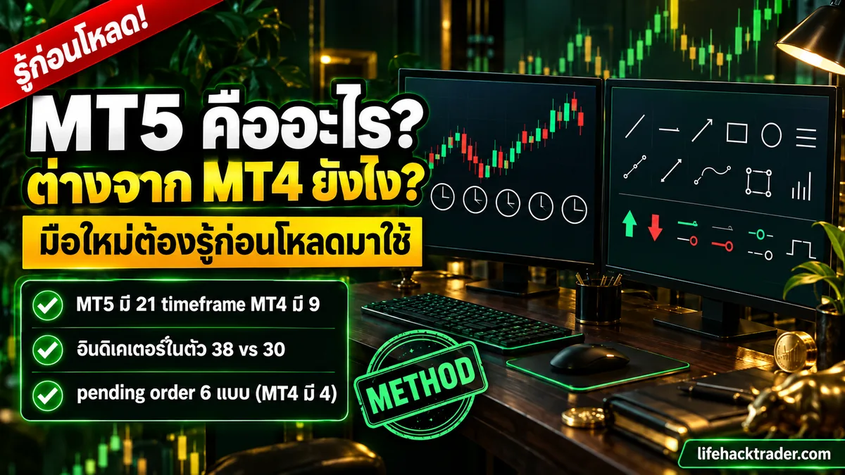 อินโฟกราฟิกอธิบายว่า MT5 คืออะไร และต่างจาก MT4 ตรงไหน เทียบจำนวน timeframe อินดิเคเตอร์ และประเภท pending order ตามหน้าทางการของผู้พัฒนา