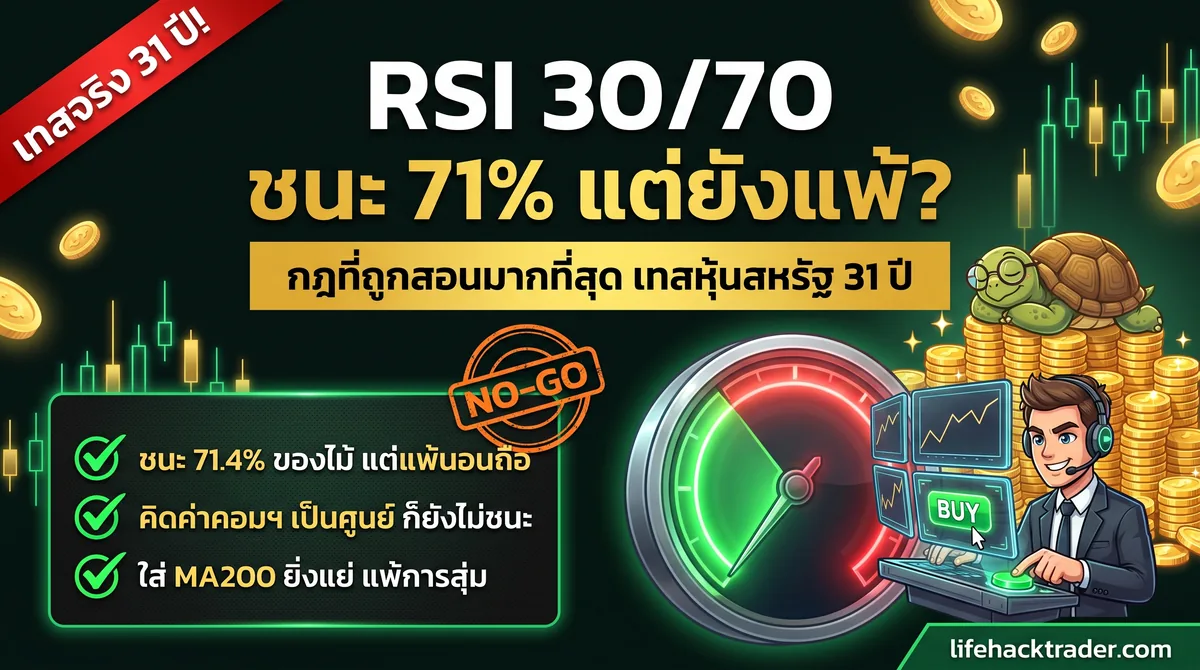 อินโฟกราฟิกผลทดสอบ RSI 30/70 หุ้นสหรัฐ 31 ปี ชนะ 71.4% ของไม้แต่แพ้การนอนถือ คิดค่าคอมฯ เป็นศูนย์ก็ยังไม่ชนะ ใส่ MA200 ยิ่งแย่ ตัดสิน NO-GO