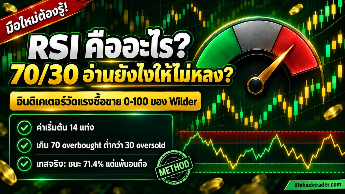 อินโฟกราฟิกอธิบายว่า RSI คืออะไร ค่า 0 ถึง 100 ค่าเริ่มต้น 14 แท่ง ระดับ 70 overbought และ 30 oversold พร้อมผลทดสอบกฎ RSI 30/70