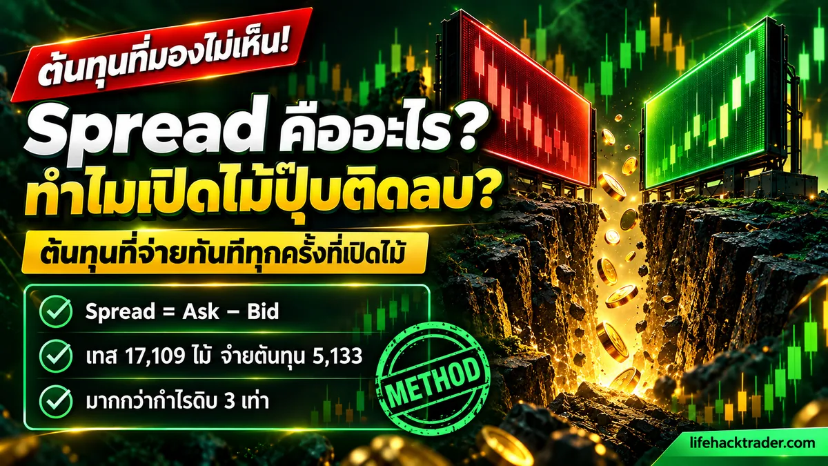 อินโฟกราฟิกอธิบายว่า spread คืออะไร ส่วนต่างระหว่างราคา ask กับ bid และต้นทุน spread ที่กินระบบเทรดถี่ จากผลทดสอบของทีมงาน