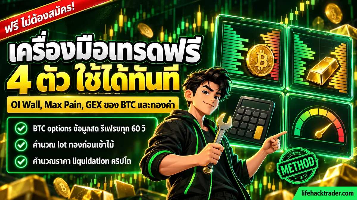 เครื่องมือเทรดฟรี 4 ตัว: OI Wall, Max Pain, GEX ของ BTC และทองคำ คำนวณ lot ทอง และราคา liquidation