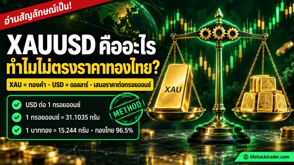 อินโฟกราฟิกอธิบายว่า XAUUSD คืออะไร เทียบหน่วยทองคำสากลต่อทรอยออนซ์กับทองแท่งไทยต่อบาททอง และสามชั้นที่ต้องแปลงก่อนเทียบราคากัน
