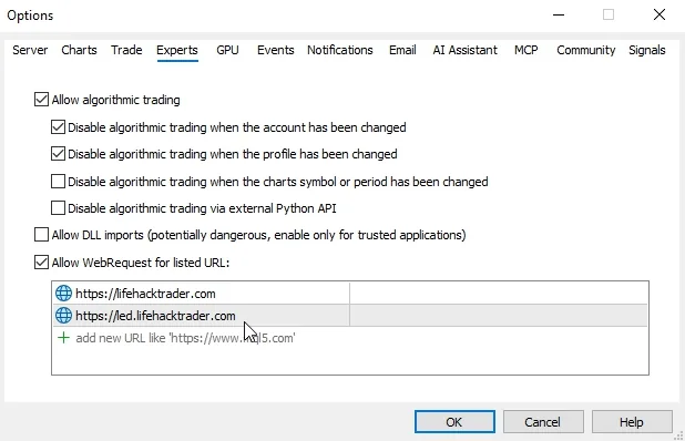 ตั้งค่า MT5 อนุญาต WebRequest ให้ https://led.lifehacktrader.com